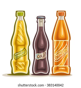 Vector illustration on the theme of logo for carbonated drinks consisting of three closed glass bottles with soda beverages on a white background. set of bottles for carbonated drinks. Cola, lemonade