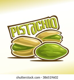 Vector illustration on theme of logo for pistachio nuts in nutshell still life composition, consisting of three nutlets, one of which peeled pistachios and other two in shell cracked