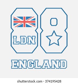 Vector illustration on the theme of London. The linear design. Sport typography. British flag.  T-shirt graphics, poster, banner, flyer, postcard

