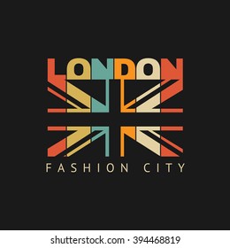 Vector illustration on the theme of London. Stylized British flag. Slogan: London fashion city.  Typography, t-shirt graphics, poster, banner, flyer, postcard