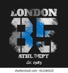 Vector illustration on the theme of London, England.  Grunge background.  Vintage design. Number sport typography, t-shirt graphics, poster, banner, flyer, print and postcard