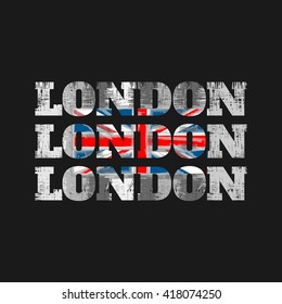 Vector illustration on the theme of  London. Stylized British flag.  Grunge design.  Typography, t-shirt graphics, poster, banner, flyer, postcard

