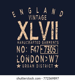 Vector illustration on the theme of London, England. Vintage design.  Grunge background. Typography, t-shirt graphics, print, poster, banner, flyer, postcard
