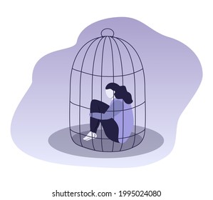 vector illustration on the theme of loneliness, isolation, depression. girl sits in a cage hugging her knees. trend illustration in flat style