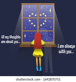 Vektorillustration Illustration zum Thema Liebe und Beziehungen, ein Mädchen in einem düsteren Raum am Fenster mit Sternenlicht steht mit ihrem Rücken zum Betrachter, der auf dem Fensterbrett liegt, und dem Bild ihrer Liebe