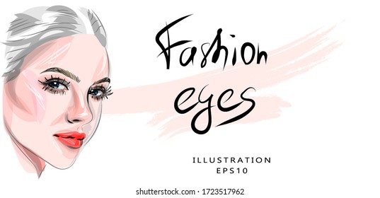 Vector illustration on the theme of makeup and beauty. Beautiful face of a girl with bright eye makeup. The girl is blonde.	