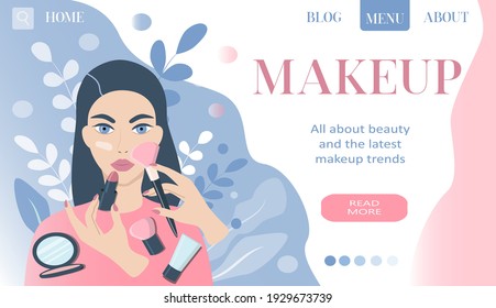 vector illustration on the theme of makeup. face of a young girl and cosmetics, makeup brushes, inscription "makeup". banner for website, flat trendy illustration for magazines and apps