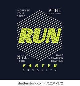 Vector illustration on a theme of marathon and running in New York City, Brooklyn.  Sport typography, t-shirt graphics, poster, print, run, banner, flyer, postcard