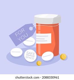 vector illustration on the theme of medical aid, medicine . a bottle with pills, on the tablet there is an inscription safe space. trendy flat style illustration