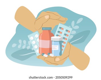 ilustración vectorial sobre el tema de las medicinas, la estación fría, las vitaminas. las manos contienen varios comprimidos, pastillas, tubos y jarras de medicamentos. ilustración de trazo en estilo plano