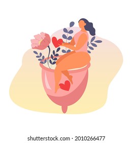 vector illustration on the theme of the menstrual period. a menstrual cup in which a girl with a heart and flowers sits. trend illustration in flat style