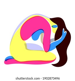 vector illustration on the theme of mental illness. the girl is in a very depressed state, in despair, alone, falling apart. illustration in acid tones as a symbol of toxicity and psychological stress