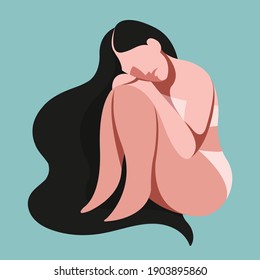 vector illustration on the theme of mental health. very sad girl needs psychological support. girl is sitting on the floor, clasping her knees with her hands. loss of strength, self-doubt, depression