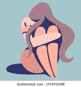 vector illustration on the theme of mental health. very sad girl needs psychological support. girl is sitting on the floor, clasping her knees with her hands. loss of strength, self-doubt, depression