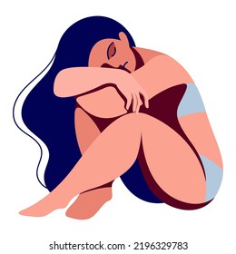 ilustración vectorial sobre el tema de la salud mental. muy triste niña necesita apoyo psicológico. la chica está sentada en el suelo, sujetando sus rodillas con las manos. pérdida de fuerza, duda de sí mismo, depresión