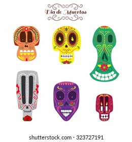 Vector illustration on the theme of the Mexican holiday Day of the Dead (Dia de Muertos), Set of festive painted skulls