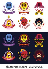 Vector illustration on the theme of the Mexican holiday Day of the Dead (Dia de Muertos), set of holiday logos and design elements for Heraldry