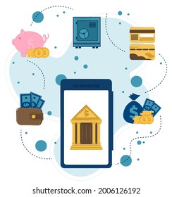 vector illustration on the theme of mobile banking. Cash transactions, business, payments, bank in a mobile phone. 