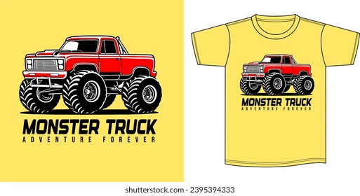 Vector illustration on the theme of monster truck car. Design for fashion surfwear t-shirt . Silkscreen.