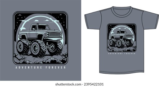 Ilustración vectorial sobre el tema del auto de camiones monstruo. Diseño de la camiseta de ropa interior de moda. Silkscreen.