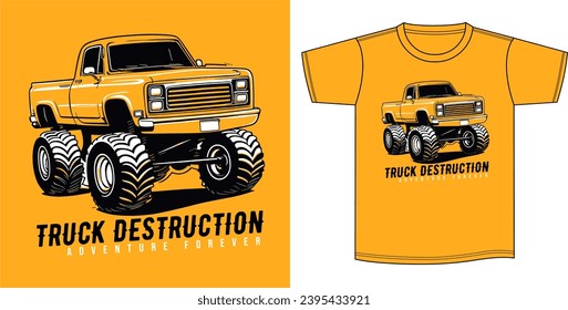 Vector illustration on the theme of monster truck car. Design for fashion surfwear t-shirt . Silkscreen.