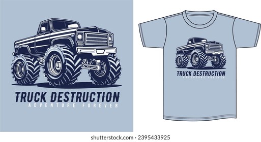 Vector illustration on the theme of monster truck car. Design for fashion surfwear t-shirt . Silkscreen.