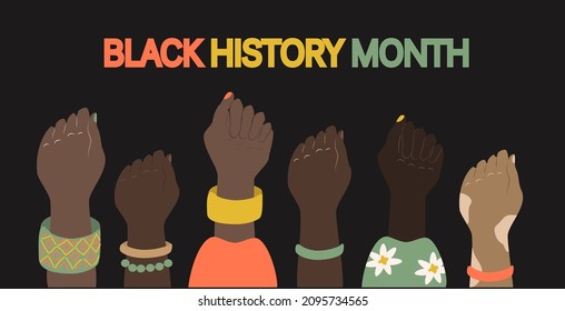 ilustración vectorial sobre el tema del mes de la historia negra. las diversas manos de los negros se aferraron a los puños. ilustración de tendencia en estilo plano