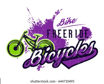 Vector illustration on the theme of mountain biking, extreme sports, downhill, freeride. Grunge effect, text, lettering. Typography, T-shirt graphics, print, banner, poster, flyer.