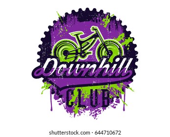 Vector illustration on the theme of mountain biking, extreme sports, downhill, freeride. Grunge effect, text, lettering. Typography, T-shirt graphics, print, banner, poster, flyer.