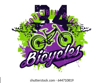 Vector illustration on the theme of mountain biking, extreme sports, downhill, freeride. Grunge effect, text, lettering. Typography, T-shirt graphics, print, banner, poster, flyer.
