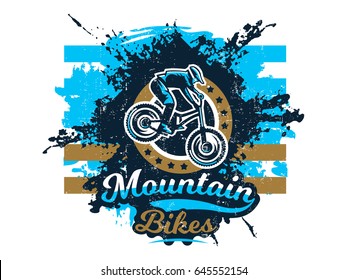 Vector Illustration On The Theme Of Mountain Bike, Cyclist Performing A Trick On A Bicycle, Downhill, Freeride. Grunge Effect, Text, Inscription. Typography, T-shirt Graphics, Print, Banner, Poster