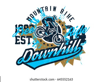 Vector illustration on the theme of mountain bike, cyclist performing a trick on a bicycle, downhill, freeride. Grunge effect, text, inscription. Typography, T-shirt graphics, print, banner, poster