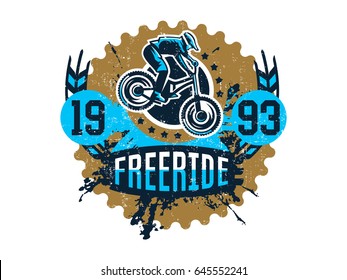 Vector illustration on the theme of mountain bike, cyclist performing a trick on a bicycle, downhill, freeride. Grunge effect, text, inscription. Typography, T-shirt graphics, print, banner, poster