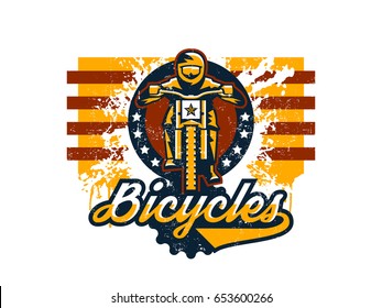Vector illustration on the theme of mountain bike, cyclist performing a trick on a bicycle, downhill, freeride. Grunge effect, text, inscription. Typography, T-shirt graphics, print, banner, poster.
