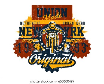 Vector illustration on the theme of mountain bike, cyclist performing a trick on a bicycle, downhill, freeride. Grunge effect, text, inscription. Typography, T-shirt graphics, print, banner, poster.