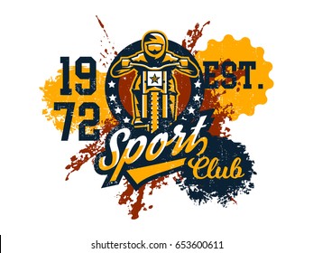 Vector illustration on the theme of mountain bike, cyclist performing a trick on a bicycle, downhill, freeride. Grunge effect, text, inscription. Typography, T-shirt graphics, print, banner, poster.