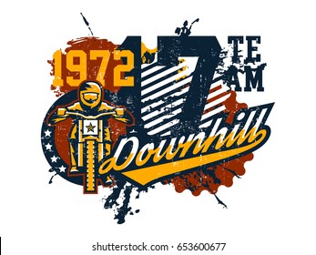 Vector illustration on the theme of mountain bike, cyclist performing a trick on a bicycle, downhill, freeride. Grunge effect, text, inscription. Typography, T-shirt graphics, print, banner, poster.