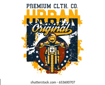Vector illustration on the theme of mountain bike, cyclist performing a trick on a bicycle, downhill, freeride. Grunge effect, text, inscription. Typography, T-shirt graphics, print, banner, poster.