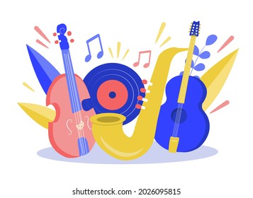 vector illustration on the theme of music, festivals, concerts - a set of musical instruments (violin, saxophone, guitar) and notes. trend illustration in flat style.