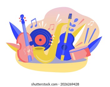 vector illustration on the theme of music, festivals, concerts - a set of musical instruments (violin, saxophone, guitar, drum) and notes. trend illustration in flat style.