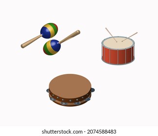 vector illustration on the theme of musical instruments in isometric style: tambourine, maracas, drum, percussion musical instruments