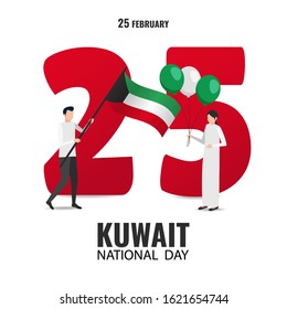 Vector Illustration on the theme National Day Kuwait. Characters hold the flag and balloons on the background of the number 25. Flat style.
