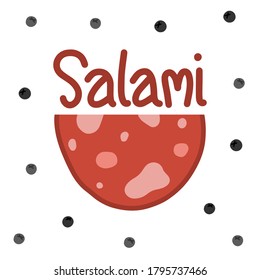 Vector illustration on the theme of National Salami Day on September 7. Decorated with a handwritten inscription and Salami and pepper.