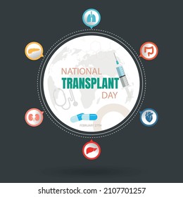 Vektorgrafik zum Thema des Nationalen Transplantationstages, der jedes Jahr am 27. Februar gefeiert wird, mit Symbolen von Organen, die transplantiert werden können.

