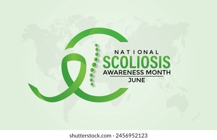 Vector illustration on the theme of National Scoliosis awareness month observed each year in June. Green ribbon with human body design illustration. Banner poster, flyer and background design.
