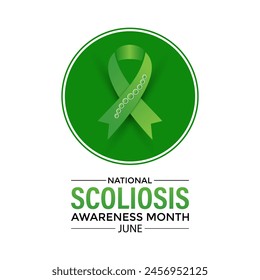Vector illustration on the theme of National Scoliosis awareness month observed each year in June. Green ribbon with human body design illustration. Banner poster, flyer and background design.
