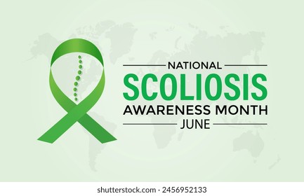 Vector illustration on the theme of National Scoliosis awareness month observed each year in June. Green ribbon with human body design illustration. Banner poster, flyer and background design.
