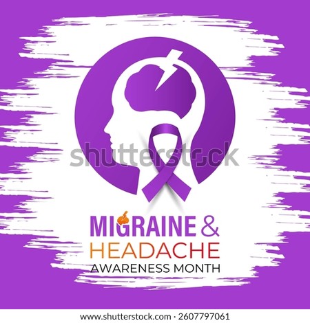 Vector illustration on the theme of National Migraine and headache awareness month in June. Symptoms can include severe throbbing pain, nausea, light,sound sensitivity, and aura. Banner and background