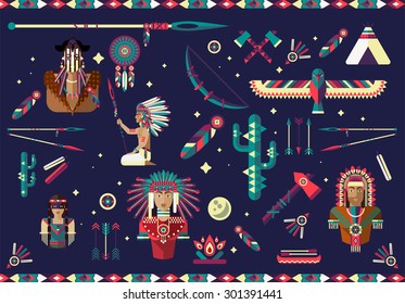 Vector illustration on the theme of native American. Man and woman.