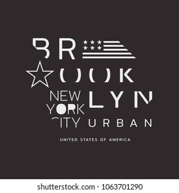 Vector illustration on the theme of New York City, Brooklyn.  Stylized American flag.  Typography, t-shirt graphics, poster, print, banner, flyer, postcard